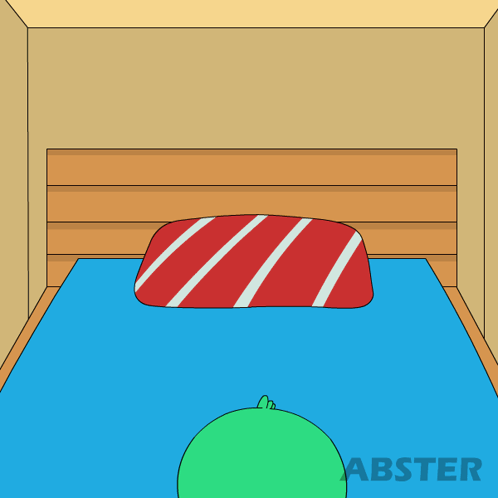 A Cartoon Drawing Of A Bed With A Red And White Striped Blanket And The Word Abster At The Bottom GIF