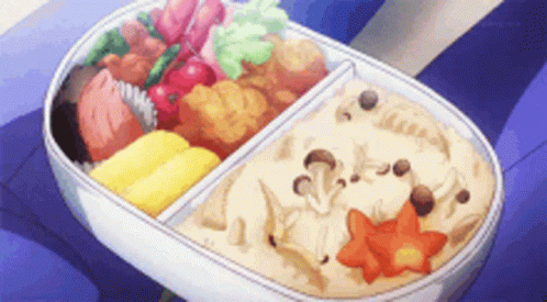 A Cartoon Drawing Of A Bento Box Filled With Food And Vegetables . GIF
