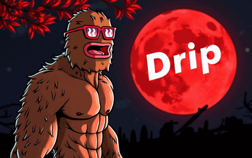 A Cartoon Drawing Of A Bigfoot With The Word Drip In White GIF