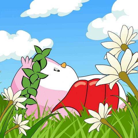 A Cartoon Drawing Of A Bird Laying In A Field Of Daisies GIF