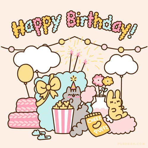 A Cartoon Drawing Of A Birthday Party With Cheez Puffs And Cotton Candy GIF