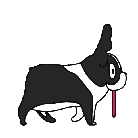 a cartoon drawing of a black and white dog with its tongue hanging out .