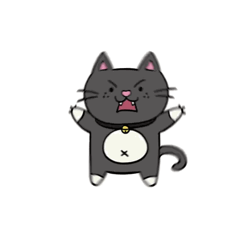 a cartoon drawing of a black cat with a white bell around its neck