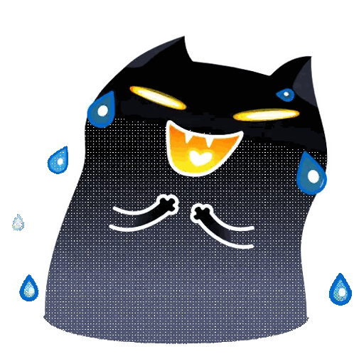 a cartoon drawing of a black cat with blue sweat drops