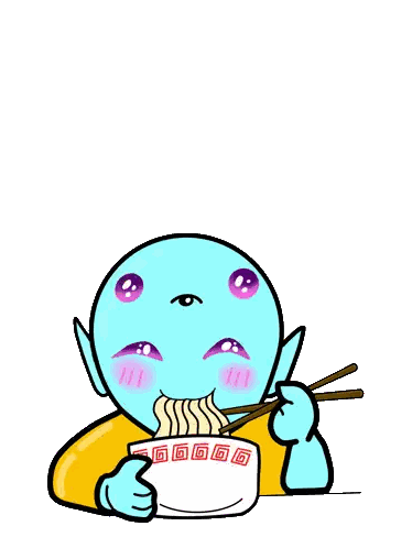 a cartoon drawing of a blue alien eating ramen with chopsticks