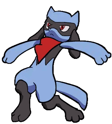 a cartoon drawing of a blue and black animal with red eyes