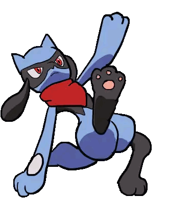 a cartoon drawing of a blue and black cat with red eyes
