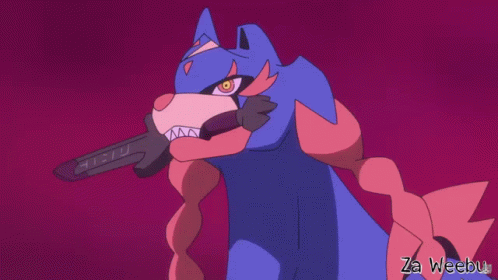 A Cartoon Drawing Of A Blue And Pink Monster With A Sword In Its Mouth . GIF