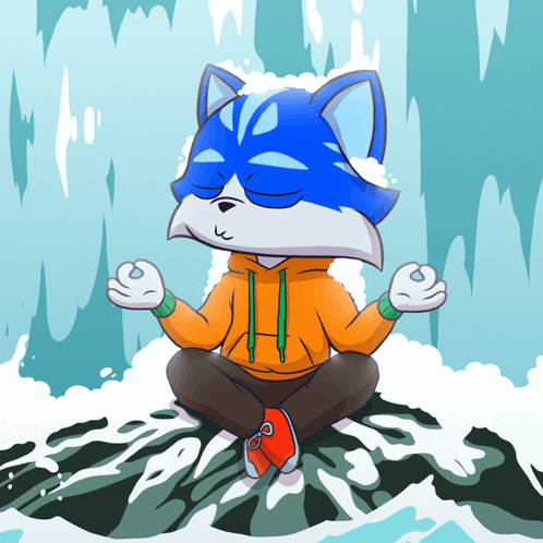 A Cartoon Drawing Of A Blue And White Cat Meditating In Front Of A Waterfall GIF