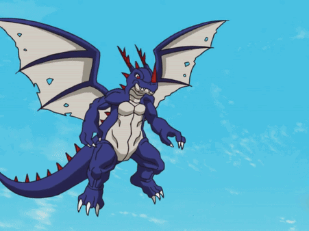 A Cartoon Drawing Of A Blue And White Dragon Flying Through A Blue Sky GIF
