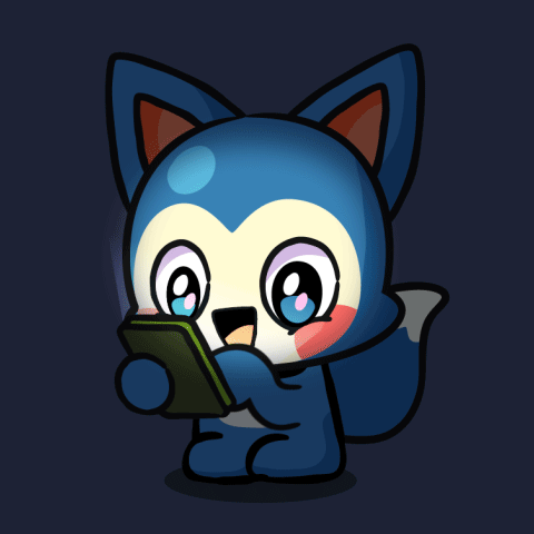 A Cartoon Drawing Of A Blue Animal Looking At A Cell Phone GIF