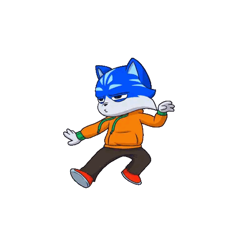 a cartoon drawing of a blue cat wearing an orange sweater