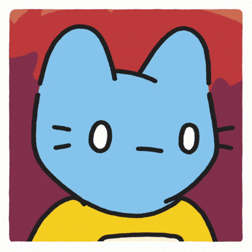 a cartoon drawing of a blue cat with a yellow shirt and the number 0 on its face