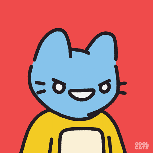 A Cartoon Drawing Of A Blue Cat With A Yellow Shirt And The Words Cool Cats On The Bottom GIF