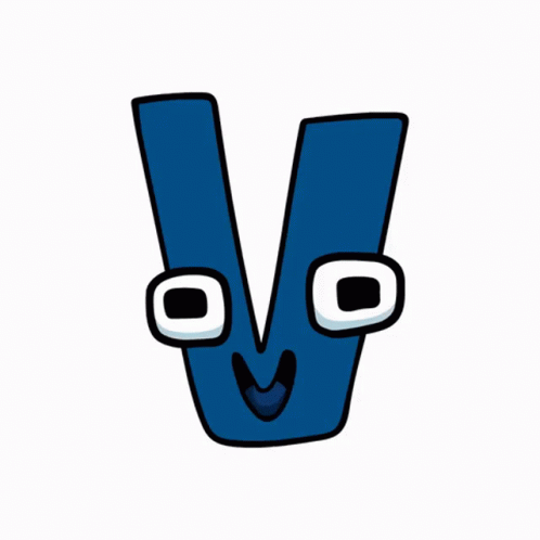 A Cartoon Drawing Of A Blue Letter V With Eyes And Mouth GIF