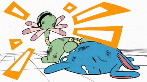 A Cartoon Drawing Of A Blue Rabbit Laying On The Ground GIF