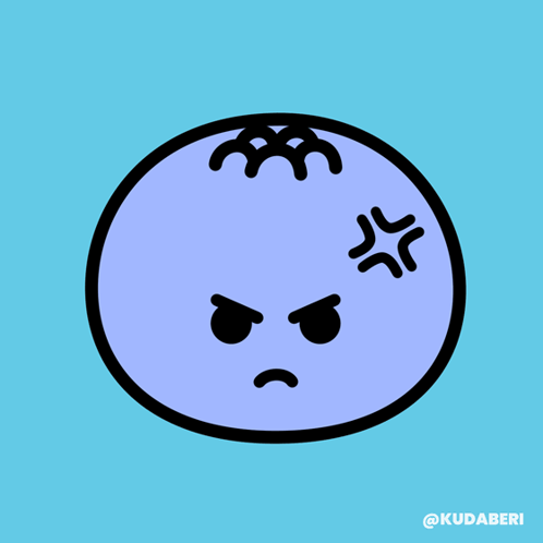 A Cartoon Drawing Of A Blueberry With An Angry Face On A Blue Background GIF