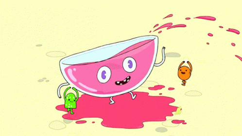 a cartoon drawing of a bowl of pink liquid with a green character standing next to it