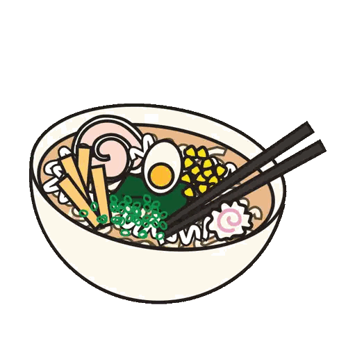 a cartoon drawing of a bowl of ramen with chopsticks and a heart in the background