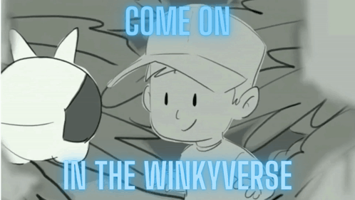 A Cartoon Drawing Of A Boy And A Cat With The Words Come On In The Winkyverse GIF