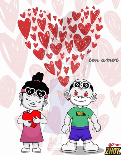 A Cartoon Drawing Of A Boy And A Girl Holding A Heart With The Words Con Amor Written Above Them GIF