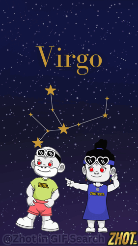 A Cartoon Drawing Of A Boy And A Girl Standing Under The Virgo Constellation GIF
