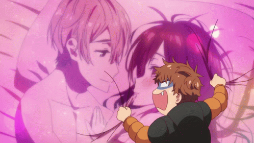 A Cartoon Drawing Of A Boy And A Girl With A Pink Background GIF