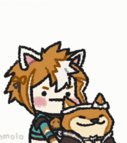 A Cartoon Drawing Of A Boy Holding A Dog With A Cat 'S Ears On It GIF