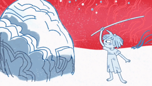 A Cartoon Drawing Of A Boy Holding A Stick In Front Of An Igloo GIF