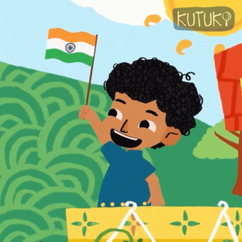 A Cartoon Drawing Of A Boy Holding An Indian Flag With A Sign That Says Kutuk On It GIF