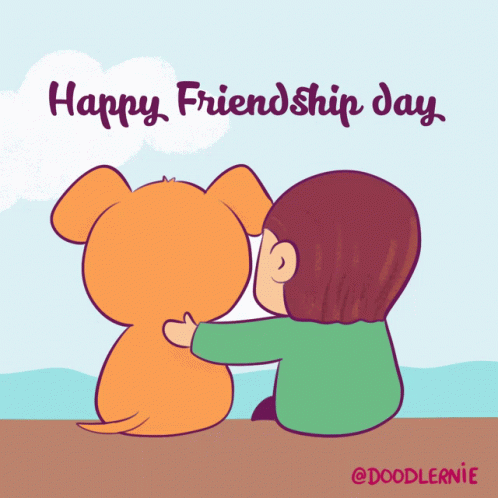A Cartoon Drawing Of A Boy Hugging A Dog With The Words Happy Friendship Day GIF