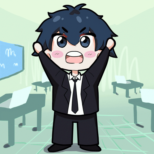 A Cartoon Drawing Of A Boy In A Suit And Tie With His Arms In The Air GIF