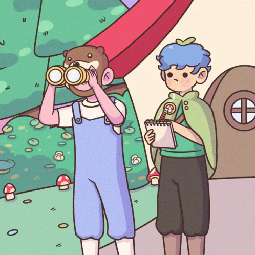 A Cartoon Drawing Of A Boy Looking Through Binoculars And Another Boy Holding A Notebook GIF