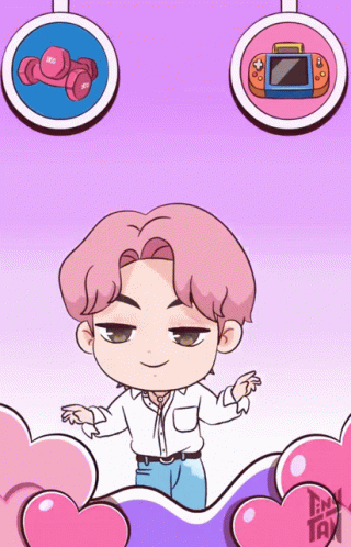 A Cartoon Drawing Of A Boy With A Dumbbell And A Video Game Behind Him GIF