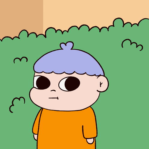 A Cartoon Drawing Of A Boy With Blue Hair And An Orange Shirt Standing In Front Of A Bush GIF