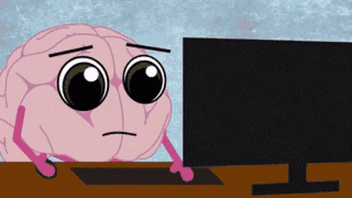 A Cartoon Drawing Of A Brain Looking At A Computer Monitor GIF