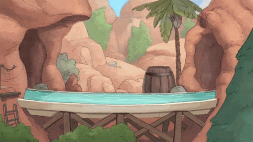 A Cartoon Drawing Of A Bridge Over A River With A Palm Tree In The Background GIF