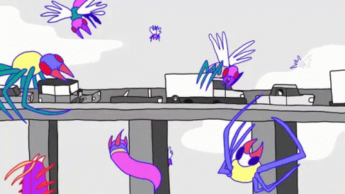 A Cartoon Drawing Of A Bridge With Birds Flying Over It And A Truck That Says ' Aaah ' On It GIF