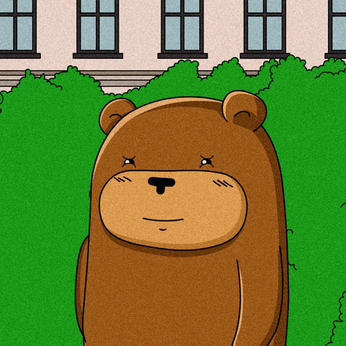 A Cartoon Drawing Of A Brown Bear Standing In Front Of A House GIF