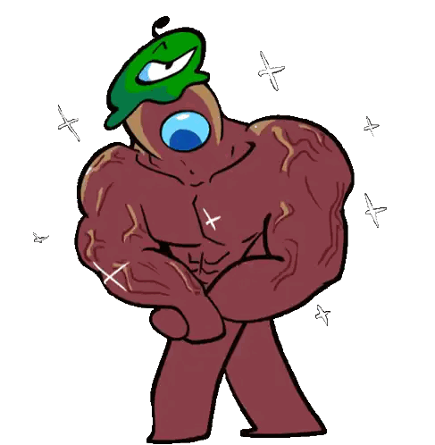a cartoon drawing of a bug with muscles and a green mask