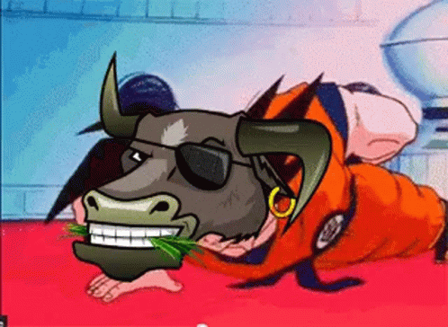 A Cartoon Drawing Of A Bull Wearing Sunglasses And An Orange Shirt GIF