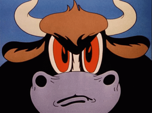 A Cartoon Drawing Of A Bull With Horns And Red Eyes With The Letter O On Its Face GIF