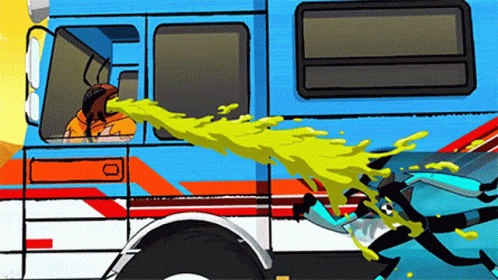 A Cartoon Drawing Of A Bus With Yellow Liquid Coming Out Of It 'S Window GIF