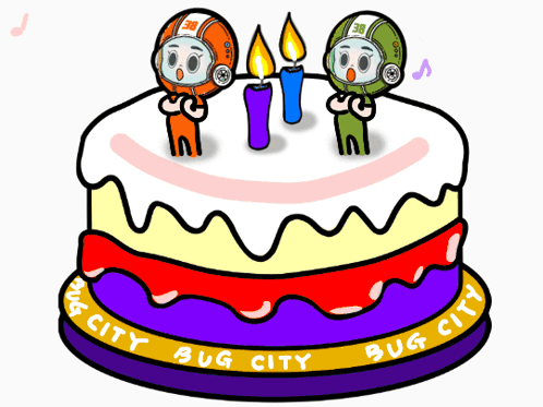 A Cartoon Drawing Of A Cake That Says Bug City On It GIF