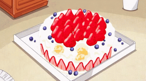 A Cartoon Drawing Of A Cake With Strawberries And Blueberries GIF
