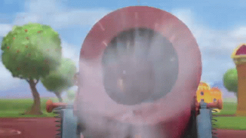 A Cartoon Drawing Of A Cannon With Smoke Coming Out Of It In A Park . GIF
