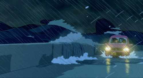 a cartoon drawing of a car driving through the rain