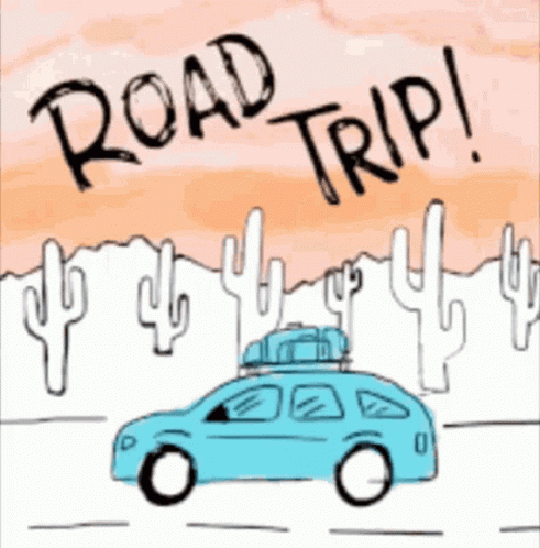 A Cartoon Drawing Of A Car With Luggage On The Roof And The Words Road Trip Written Above It GIF
