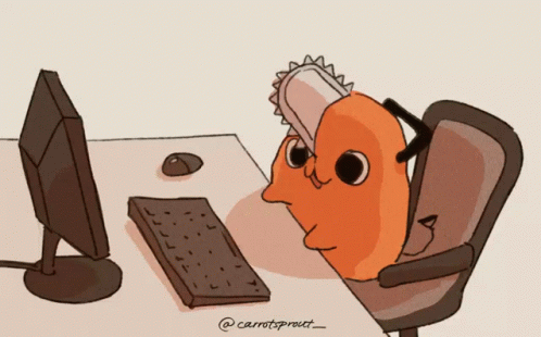 A Cartoon Drawing Of A Carrot Holding A Chainsaw Next To A Keyboard GIF