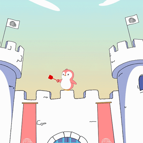 A Cartoon Drawing Of A Castle With A Penguin Holding A Sword GIF